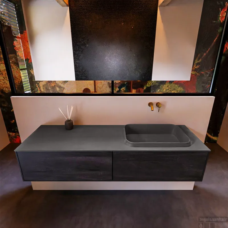 Badkamermeubelset Mondiaz Erin 150 cm met 2 Lades met RIDGE Wastafel Rechts Dark grey Zonder Kraangaten Greeploos Mat Dark Brown Koop Vandaag