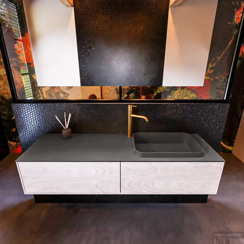 Badkamermeubelset Mondiaz Erin 150 cm met 2 Lades met RIDGE Wastafel Rechts Dark grey met 1 kraangat Greeploos Mat Underlayment Aanbieding