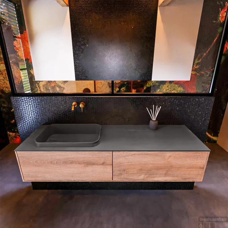 Badkamermeubelset Mondiaz Erin 150 cm met 2 Lades met RIDGE Wastafel Links Dark grey Zonder Kraangaten Greeploos Mat Washed Oak Finale Uitverkoop