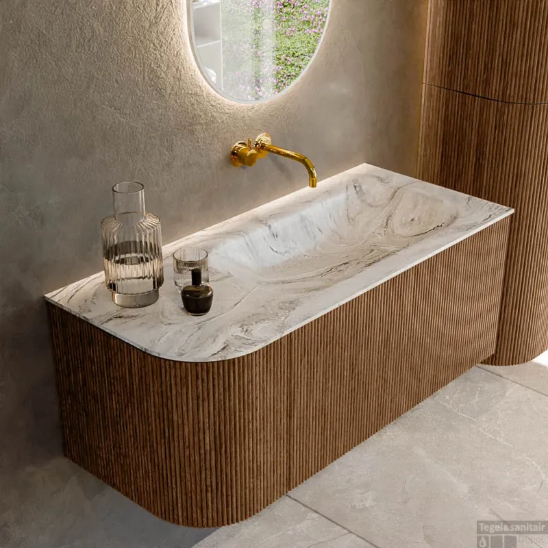 Actieprijs Mondiaz KURVE-DLUX 105 cm Onderkast Greeploos 1 Lade Met Deuren Walnut, Wastafel Solid Surface Rechts Glace 0 Kraangaten Zonder Spiegel (KRVBGS105L1L1D0KR-Wal/Gla)