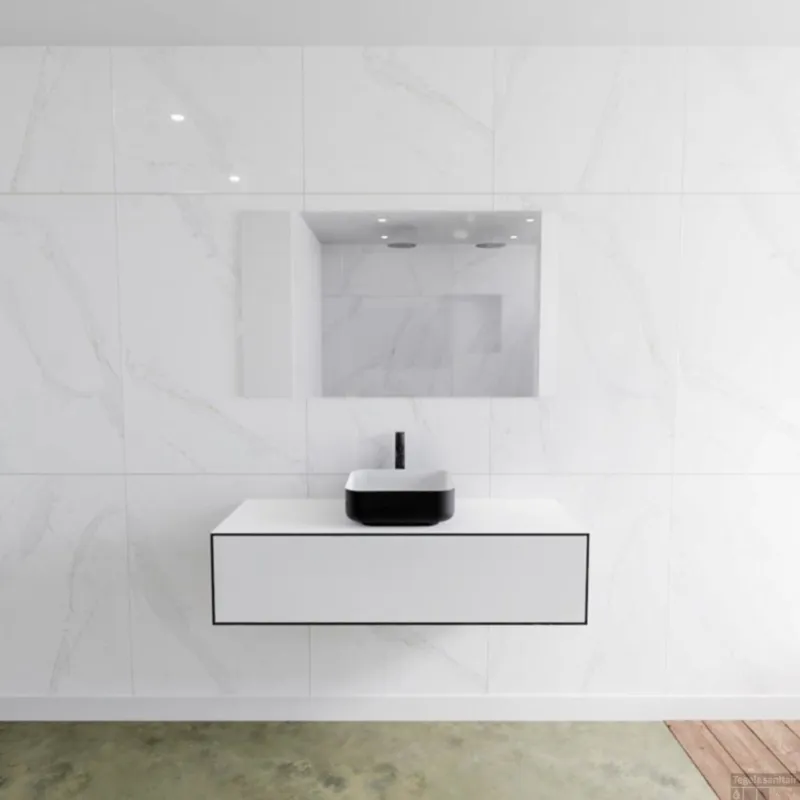 Aanbieding Badkamermeubelset Mondiaz LAGOM 120 cm Topblad met Gecentreerde Wastafel Solid Surface Opzetkom Binx met 1 Kraangat Mat Zwart (1 lade)