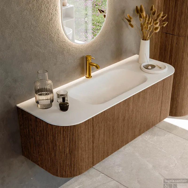 Nieuw Mondiaz KURVE 130 cm Onderkast Greeploos 1 Lade Met Deuren Walnut, Wastafel Solid Surface Midden Talc 1 Kraangat Zonder Spiegel (KRVBGS130L+R1L2D1KM-Wal/Tal)