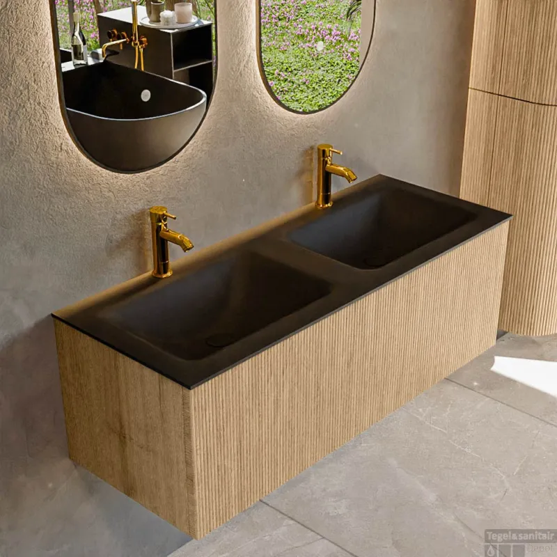 Premium Mondiaz KURVE 120 cm Onderkast Greeploos 1 Lade Zonder Deuren Oak, Wastafel Solid Surface Dubbel Urban 2 Kraangaten Zonder Spiegel (KRVCLO1201L0D2KD-Oak/Urb)