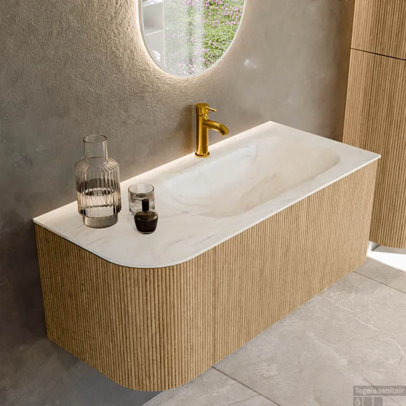 Actieprijs Mondiaz KURVE-DLUX 105 cm Onderkast Greeploos 1 Lade Met Deuren Oak, Wastafel Solid Surface Rechts Ostra 1 Kraangat Zonder Spiegel (KRVBGS105L1L1D1KR-Oak/Ost)