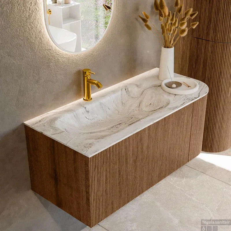 Speciale Aanbieding Mondiaz KURVE-DLUX 105 cm Onderkast Greeploos 1 Lade Met Deuren Walnut, Wastafel Solid Surface Links Glace 1 Kraangat Zonder Spiegel (KRVBGS105R1L1D1KL-Wal/Gla)