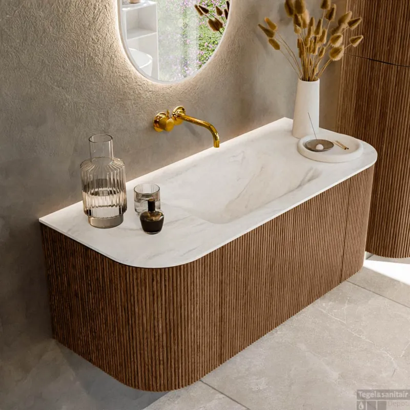 Premium Mondiaz KURVE-DLUX 110 cm Onderkast Greeploos 1 Lade Met Deuren Walnut, Wastafel Solid Surface Midden Ostra 0 Kraangaten Zonder Spiegel (KRVCLO110L+R1L2D0KM-Wal/Ost)