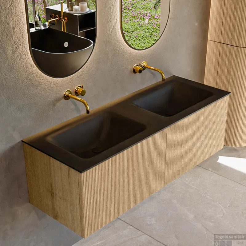 Rechtstreeks Van De Fabrikant Mondiaz KURVE 130 cm Onderkast Greeploos 2 Lades Zonder Deuren Oak, Wastafel Solid Surface Dubbel Urban 0 Kraangaten Zonder Spiegel (KRVCLO1302L0D0KD-Oak/Urb)