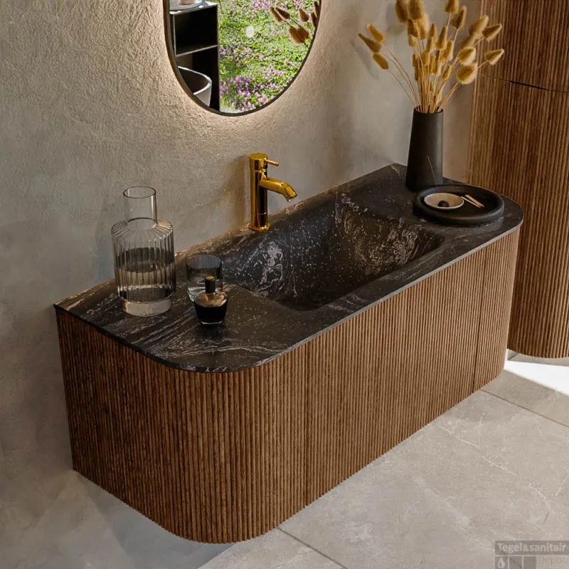 Nieuw Mondiaz KURVE-DLUX 110 cm Onderkast Greeploos 1 Lade Met Deuren Walnut, Wastafel Solid Surface Midden Lava 1 Kraangat Zonder Spiegel (KRVCLO110L+R1L2D1KM-Wal/Lav)