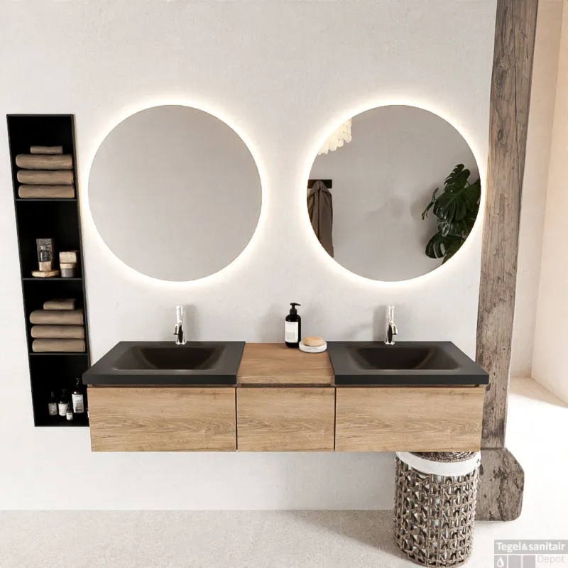 Shop Nu MONDIAZ BUKLA 160cm badmeubel met module 40 kleur Washed Oak met 3 lades. Wastafel CLOUD dubbel 2 kraangaten kleur Urban.