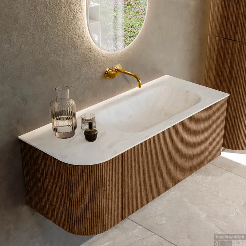 Populair Mondiaz KURVE-DLUX 115 cm Onderkast Greeploos 1 Lade Met Deuren Walnut, Wastafel Solid Surface Rechts Opalo 0 Kraangaten Zonder Spiegel (KRVBGS115L1L1D0KR-Wal/Opa)