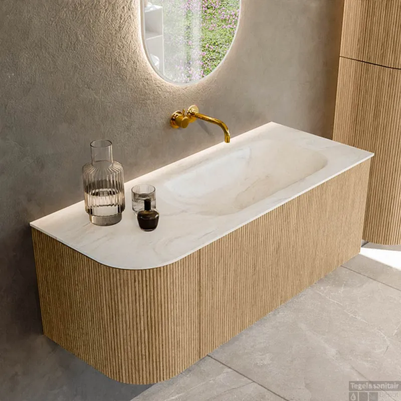 Premium Mondiaz KURVE-DLUX 115 cm Onderkast Greeploos 1 Lade Met Deuren Oak, Wastafel Solid Surface Rechts Ostra 0 Kraangaten Zonder Spiegel (KRVBGS115L1L1D0KR-Oak/Ost)