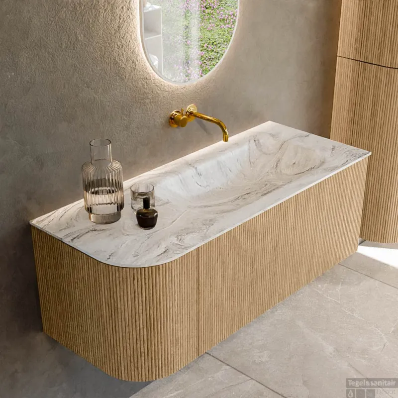 Populair Mondiaz KURVE-DLUX 115 cm Onderkast Greeploos 1 Lade Met Deuren Oak, Wastafel Solid Surface Rechts Glace 0 Kraangaten Zonder Spiegel (KRVBGS115L1L1D0KR-Oak/Gla)