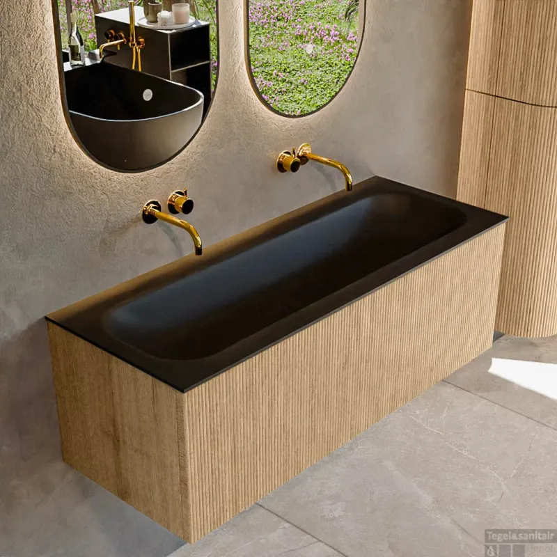 Uitverkoop Mondiaz KURVE 120 cm Onderkast Greeploos 1 Lade Zonder Deuren Oak, Wastafel Solid Surface Volledig Urban 0 Kraangaten Zonder Spiegel (KRVBGL1201L0D0KM-Oak/Urb)