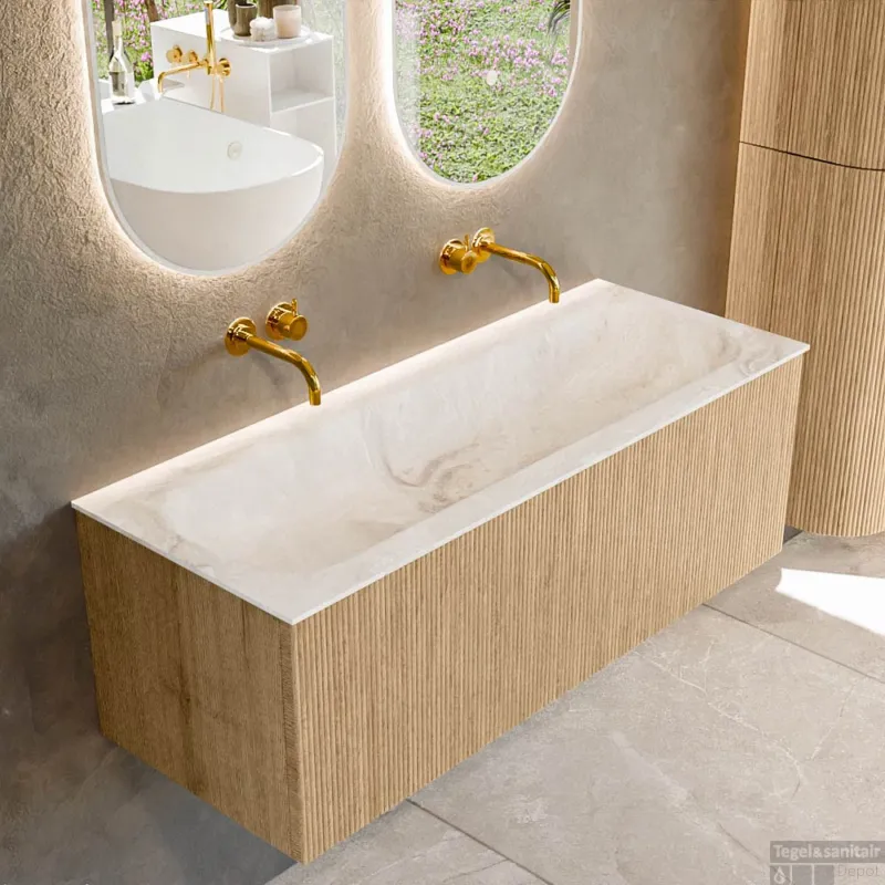 Uitverkoop Mondiaz KURVE-DLUX 120 cm Onderkast Greeploos 1 Lade Zonder Deuren Oak, Wastafel Solid Surface Volledig Frappe 0 Kraangaten Zonder Spiegel (KRVBGL1201L0D0KM-Oak/Fra)