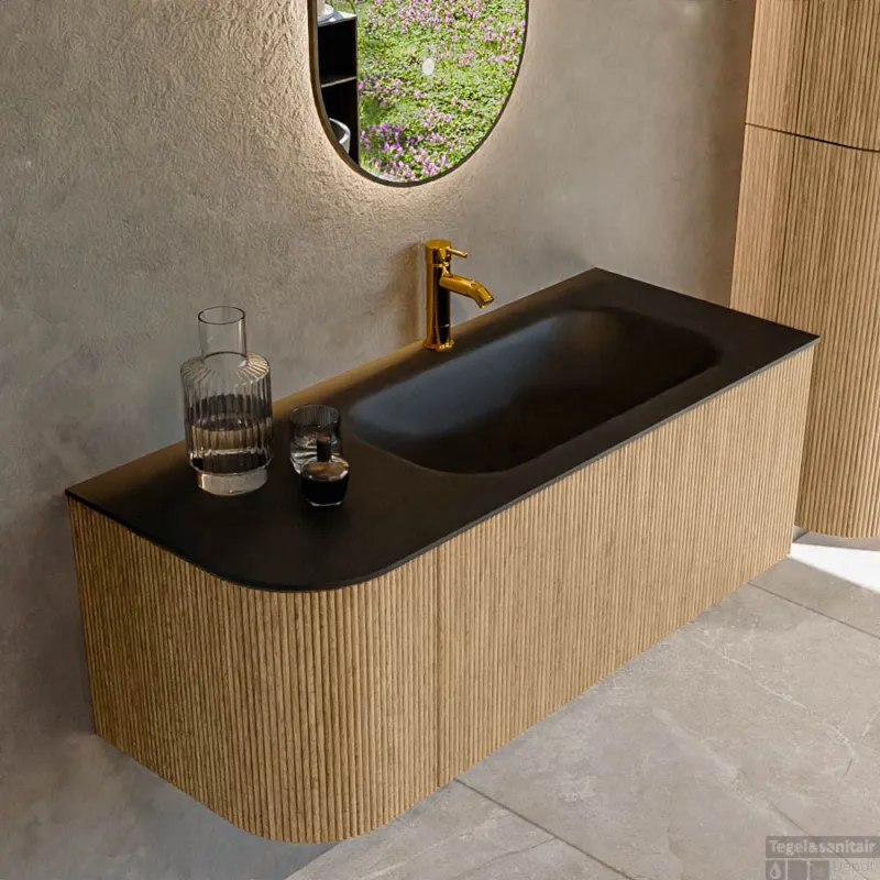 Snelle Levering Mondiaz KURVE 115 cm Onderkast Greeploos 1 Lade Met Deuren Oak, Wastafel Solid Surface Rechts Urban 1 Kraangat Zonder Spiegel (KRVBGS115L1L1D1KR-Oak/Urb)
