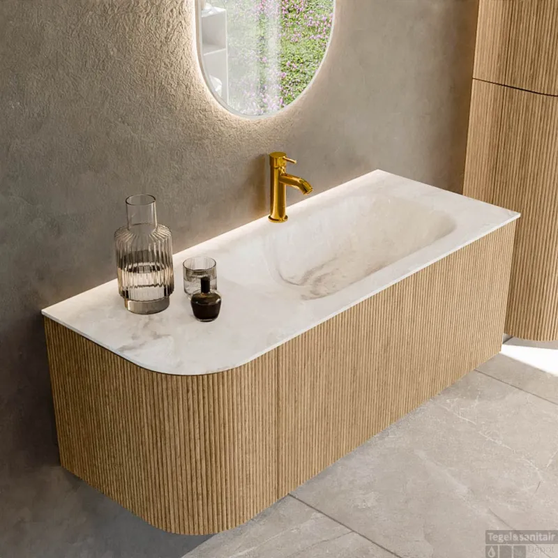 Aanbieding Mondiaz KURVE-DLUX 115 cm Onderkast Greeploos 1 Lade Met Deuren Oak, Wastafel Solid Surface Rechts Frappe 1 Kraangat Zonder Spiegel (KRVBGS115L1L1D1KR-Oak/Fra)
