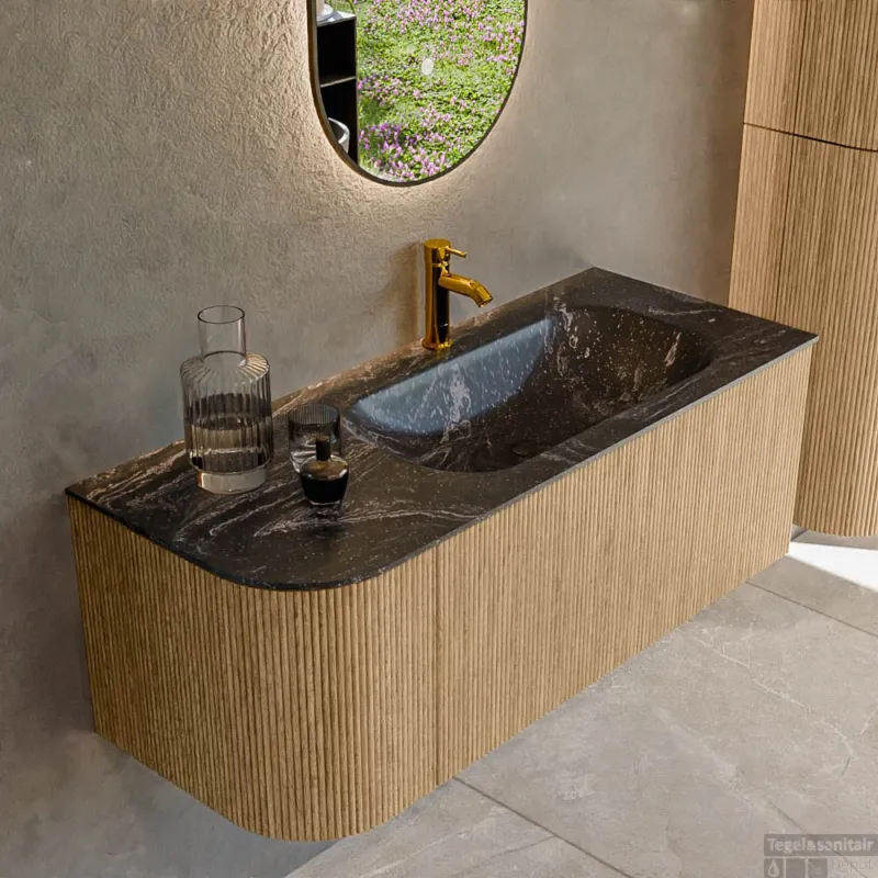 Superprijs Mondiaz KURVE-DLUX 115 cm Onderkast Greeploos 1 Lade Met Deuren Oak, Wastafel Solid Surface Rechts Lava 1 Kraangat Zonder Spiegel (KRVBGS115L1L1D1KR-Oak/Lav)