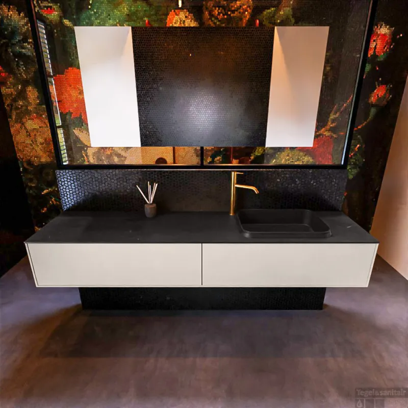Badkamermeubelset Mondiaz Erin 200 cm met 2 Lades met RIDGE Wastafel Rechts Urban met 1 kraangat Greeploos Mat Linen Merkproduct