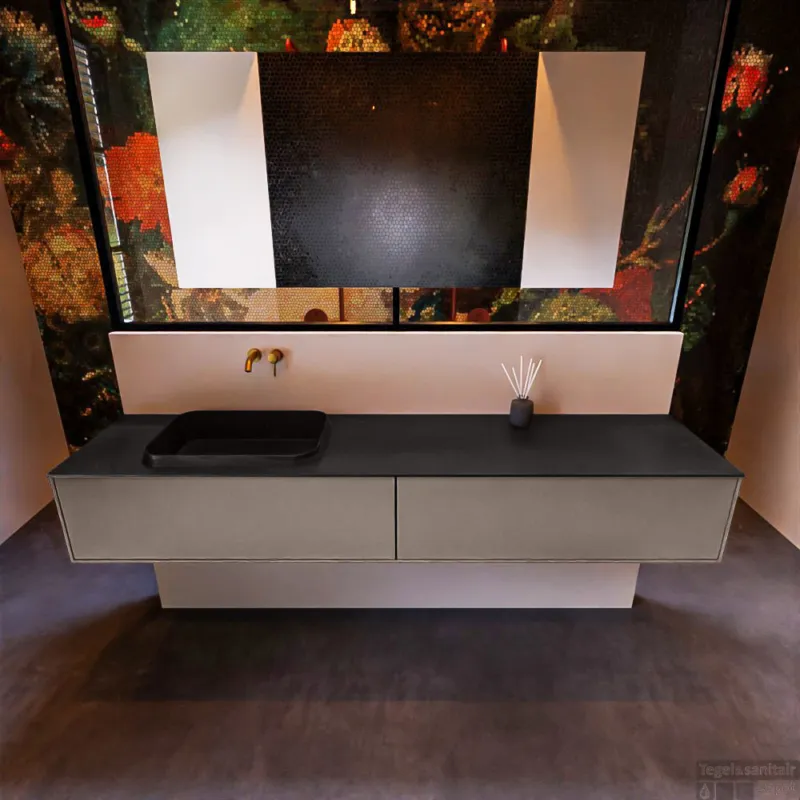 Speciale Aanbieding Badkamermeubelset Mondiaz Erin 200 cm met 2 Lades met RIDGE Wastafel Links Urban Zonder Kraangaten Greeploos Mat Smoke