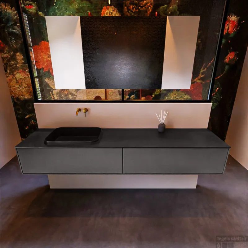 Badkamermeubelset Mondiaz Erin 200 cm met 2 Lades met RIDGE Wastafel Links Urban Zonder Kraangaten Greeploos Mat Dark Grey Fabrieksprijs