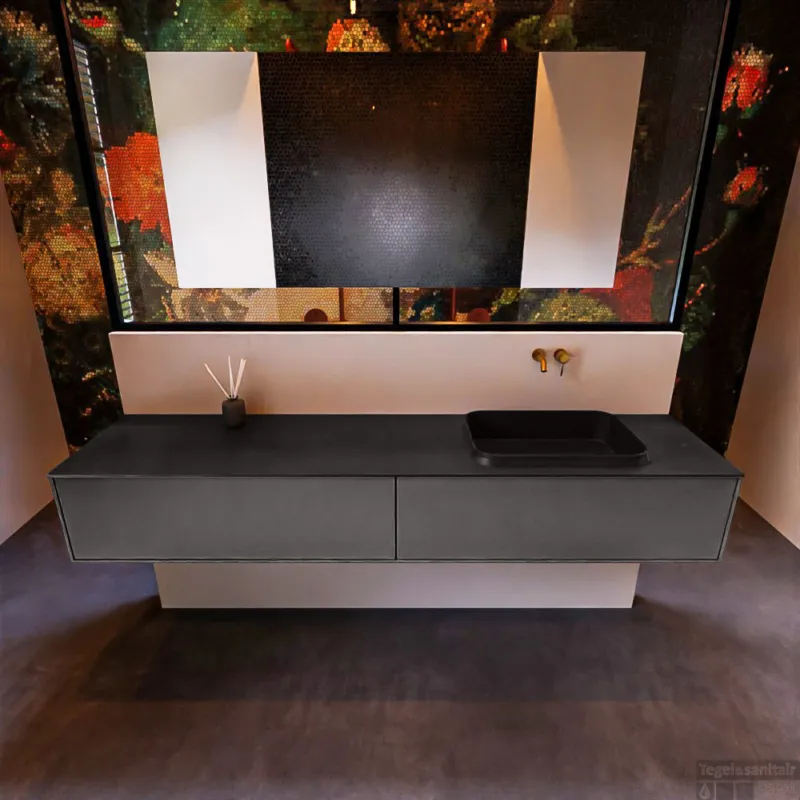 Badkamermeubelset Mondiaz Erin 200 cm met 2 Lades met RIDGE Wastafel Rechts Urban Zonder Kraangaten Greeploos Mat Dark Grey Exclusieve Aanbieding