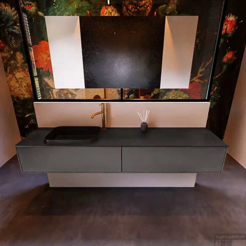 Badkamermeubelset Mondiaz Erin 200 cm met 2 Lades met RIDGE Wastafel Links Urban met 1 kraangat Greeploos Mat Dark Grey Seizoensaanbieding