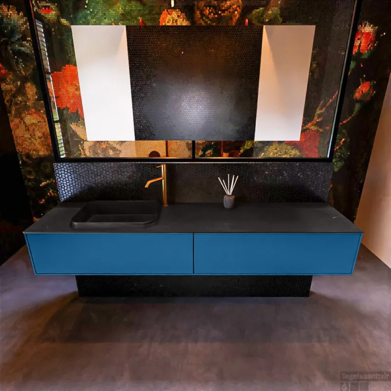 Badkamermeubelset Mondiaz Erin 200 cm met 2 Lades met RIDGE Wastafel Links Urban met 1 kraangat Greeploos Mat Jeans Betrouwbaar
