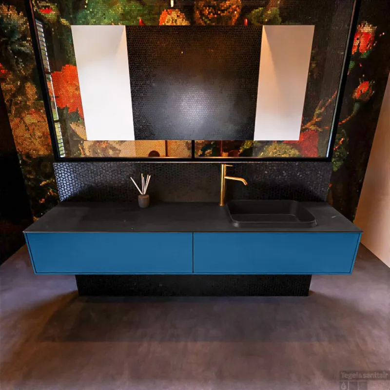 Badkamermeubelset Mondiaz Erin 200 cm met 2 Lades met RIDGE Wastafel Rechts Urban met 1 kraangat Greeploos Mat Jeans Weekendaanbieding