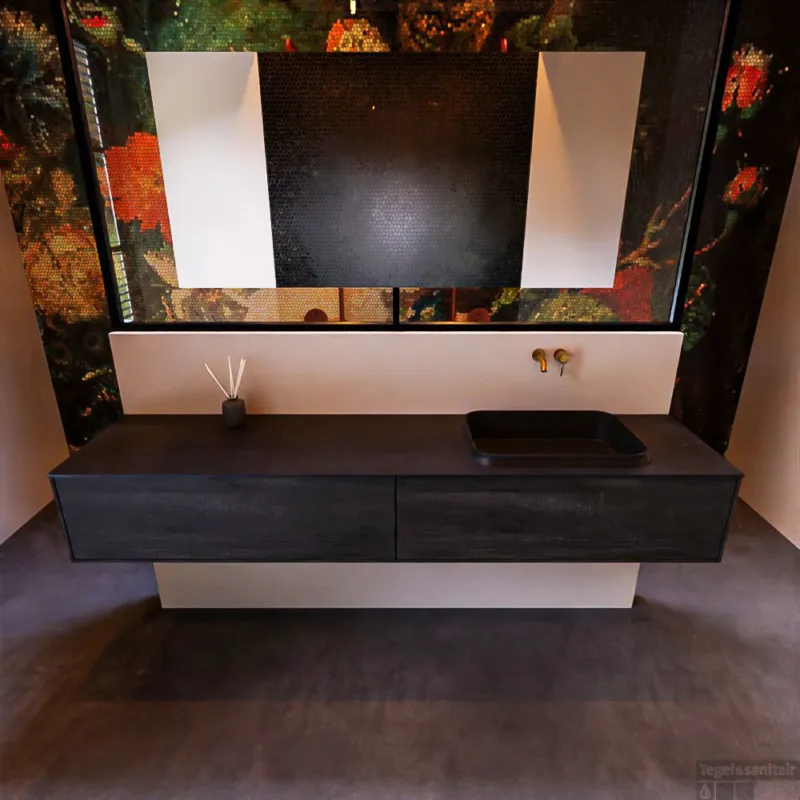 Aanbieding Badkamermeubelset Mondiaz Erin 200 cm met 2 Lades met RIDGE Wastafel Rechts Urban Zonder Kraangaten Greeploos Mat Dark Brown