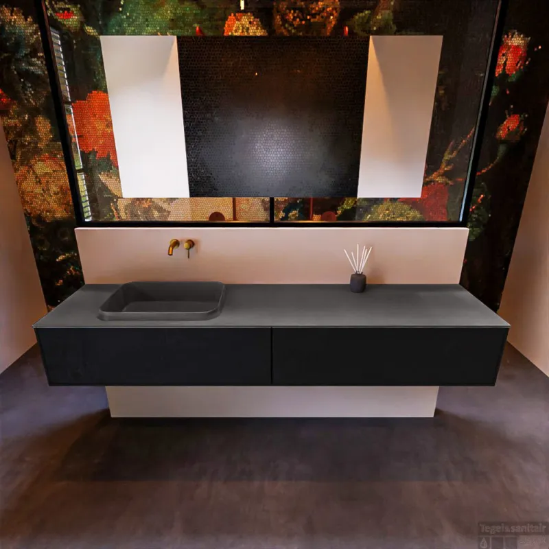 Badkamermeubelset Mondiaz Erin 200 cm met 2 Lades met RIDGE Wastafel Links Dark grey Zonder Kraangaten Greeploos Mat Urban Nieuw