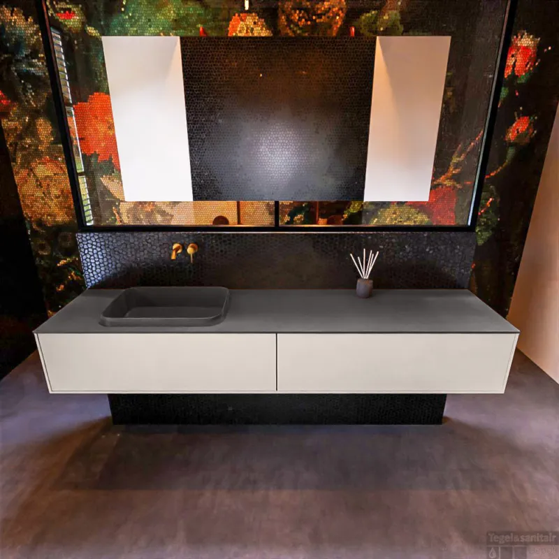 Badkamermeubelset Mondiaz Erin 200 cm met 2 Lades met RIDGE Wastafel Links Dark grey Zonder Kraangaten Greeploos Mat Linen Actieprijs
