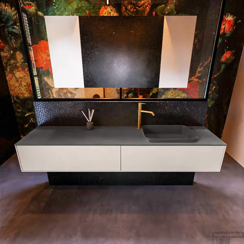 Badkamermeubelset Mondiaz Erin 200 cm met 2 Lades met RIDGE Wastafel Rechts Dark grey met 1 kraangat Greeploos Mat Linen Gecertificeerd