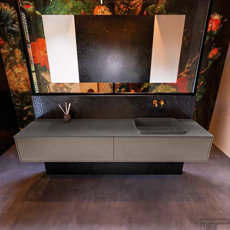 Badkamermeubelset Mondiaz Erin 200 cm met 2 Lades met RIDGE Wastafel Rechts Dark grey Zonder Kraangaten Greeploos Mat Smoke Express Levering