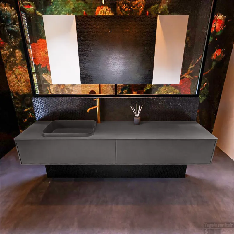 Badkamermeubelset Mondiaz Erin 200 cm met 2 Lades met RIDGE Wastafel Links Dark grey met 1 kraangat Greeploos Mat Dark Grey Veilige Betaling