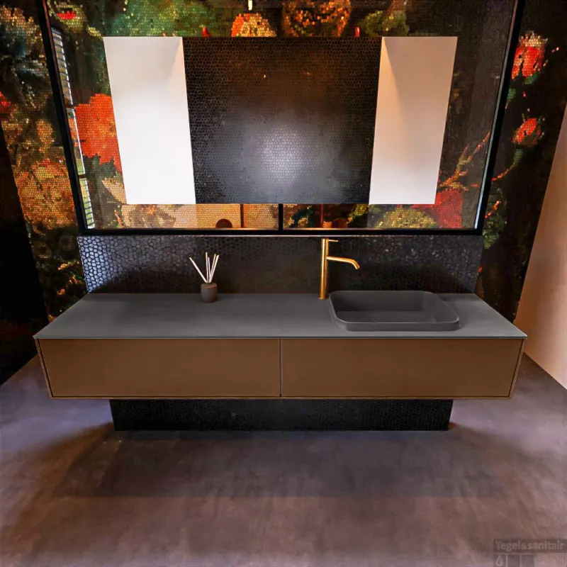 Badkamermeubelset Mondiaz Erin 200 cm met 2 Lades met RIDGE Wastafel Rechts Dark grey met 1 kraangat Greeploos Mat Rust Nieuw