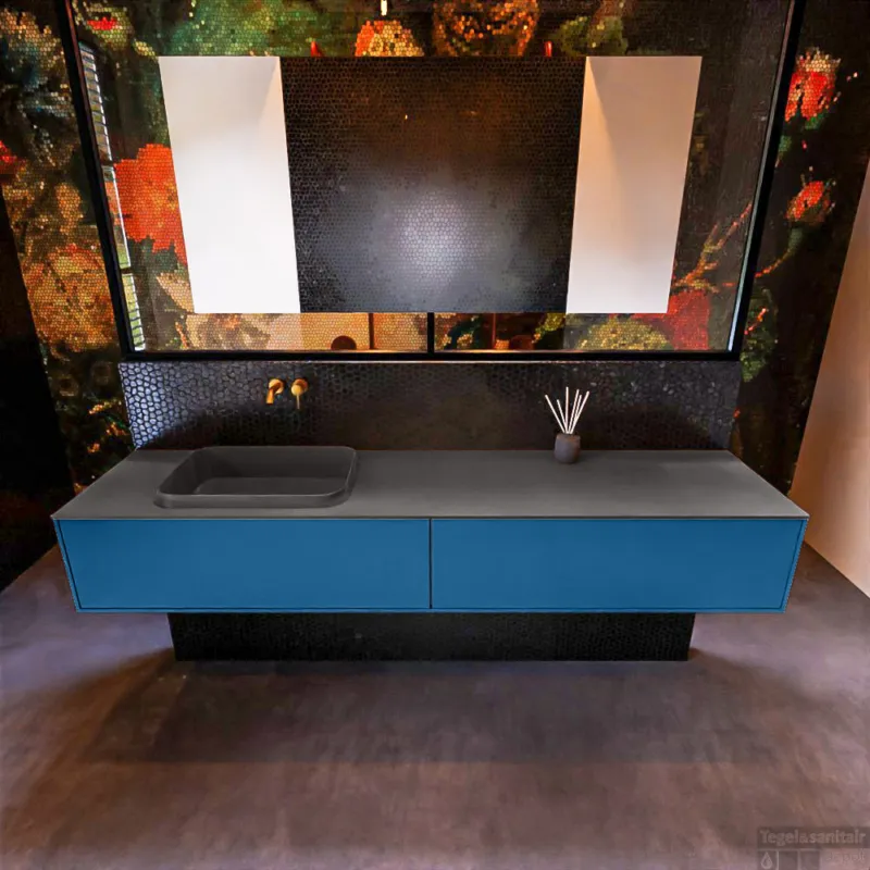Badkamermeubelset Mondiaz Erin 200 cm met 2 Lades met RIDGE Wastafel Links Dark grey Zonder Kraangaten Greeploos Mat Jeans Beperkt Aanbod