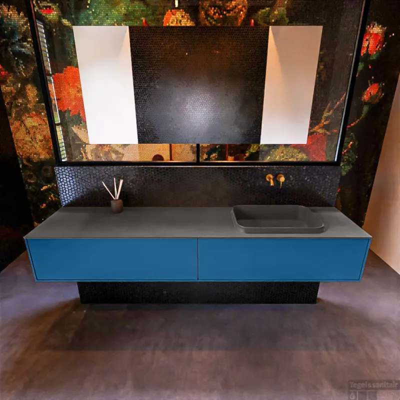 Badkamermeubelset Mondiaz Erin 200 cm met 2 Lades met RIDGE Wastafel Rechts Dark grey Zonder Kraangaten Greeploos Mat Jeans Must-Have