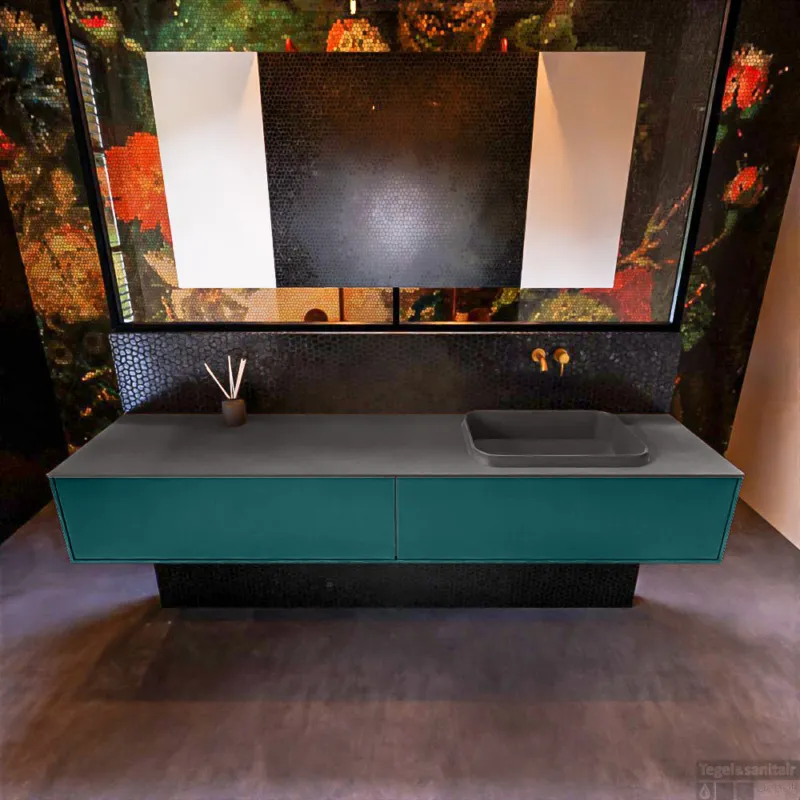 Speciale Aanbieding Badkamermeubelset Mondiaz Erin 200 cm met 2 Lades met RIDGE Wastafel Rechts Dark grey Zonder Kraangaten Greeploos Mat Smag