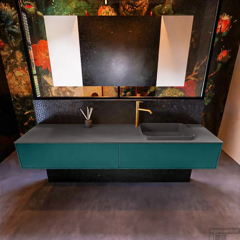 Tijdelijk Beschikbaar Badkamermeubelset Mondiaz Erin 200 cm met 2 Lades met RIDGE Wastafel Rechts Dark grey met 1 kraangat Greeploos Mat Smag