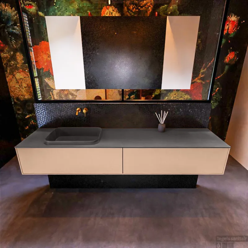 Badkamermeubelset Mondiaz Erin 200 cm met 2 Lades met RIDGE Wastafel Links Dark grey Zonder Kraangaten Greeploos Mat Rosee Weekendaanbieding