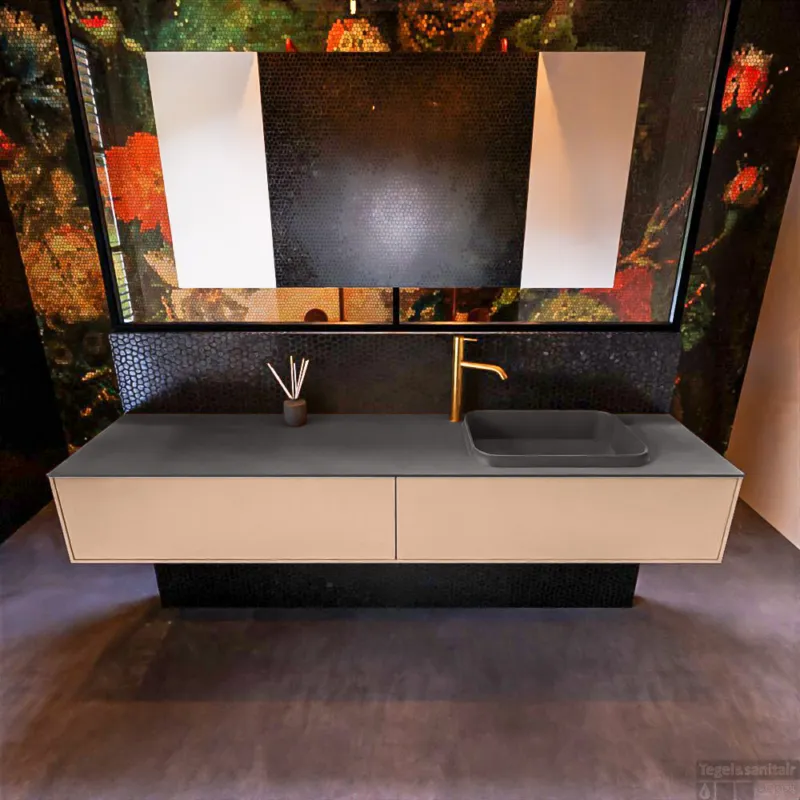 Badkamermeubelset Mondiaz Erin 200 cm met 2 Lades met RIDGE Wastafel Rechts Dark grey met 1 kraangat Greeploos Mat Rosee Voordeelprijs