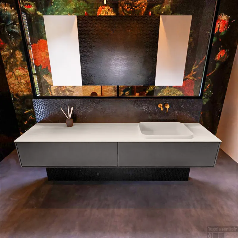 Tijdelijk Beschikbaar Badkamermeubelset Mondiaz Erin 200 cm met 2 Lades met RIDGE Wastafel Rechts Linen Zonder Kraangaten Greeploos Mat Dark Grey