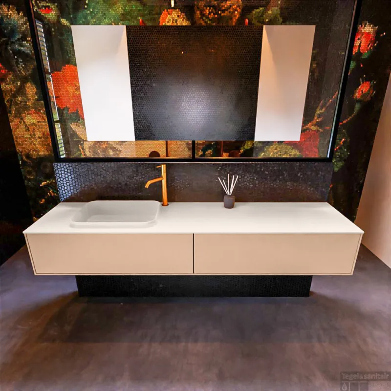Premium Badkamermeubelset Mondiaz Erin 200 cm met 2 Lades met RIDGE Wastafel Links Linen met 1 kraangat Greeploos Mat Rosee
