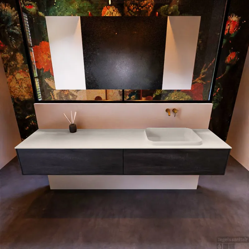 Badkamermeubelset Mondiaz Erin 200 cm met 2 Lades met RIDGE Wastafel Rechts Linen Zonder Kraangaten Greeploos Mat Dark Brown Beperkt Aanbod
