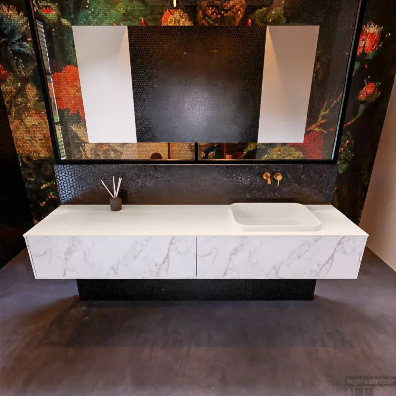 Badkamermeubelset Mondiaz Erin 200 cm met 2 Lades met RIDGE Wastafel Rechts Linen Zonder Kraangaten Greeploos Mat Carrara Gereduceerde Prijs