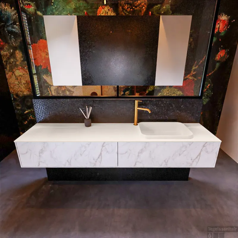 Veilige Betaling Badkamermeubelset Mondiaz Erin 200 cm met 2 Lades met RIDGE Wastafel Rechts Linen met 1 kraangat Greeploos Mat Carrara