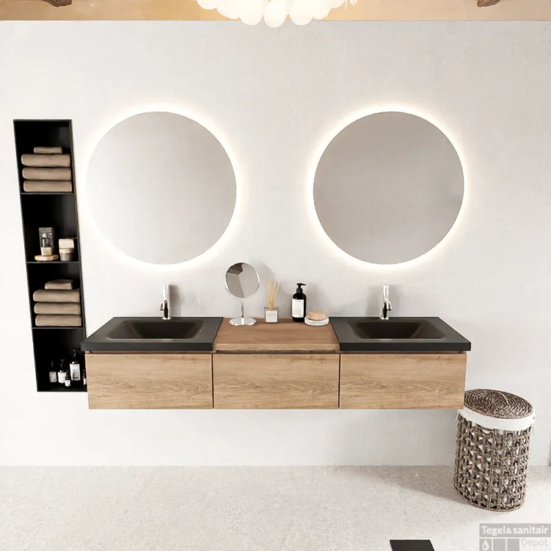 Tijdelijk Beschikbaar MONDIAZ BUKLA 180cm badmeubel met module 60 kleur Washed Oak met 3 lades. Wastafel CLOUD dubbel 2 kraangaten kleur Urban.