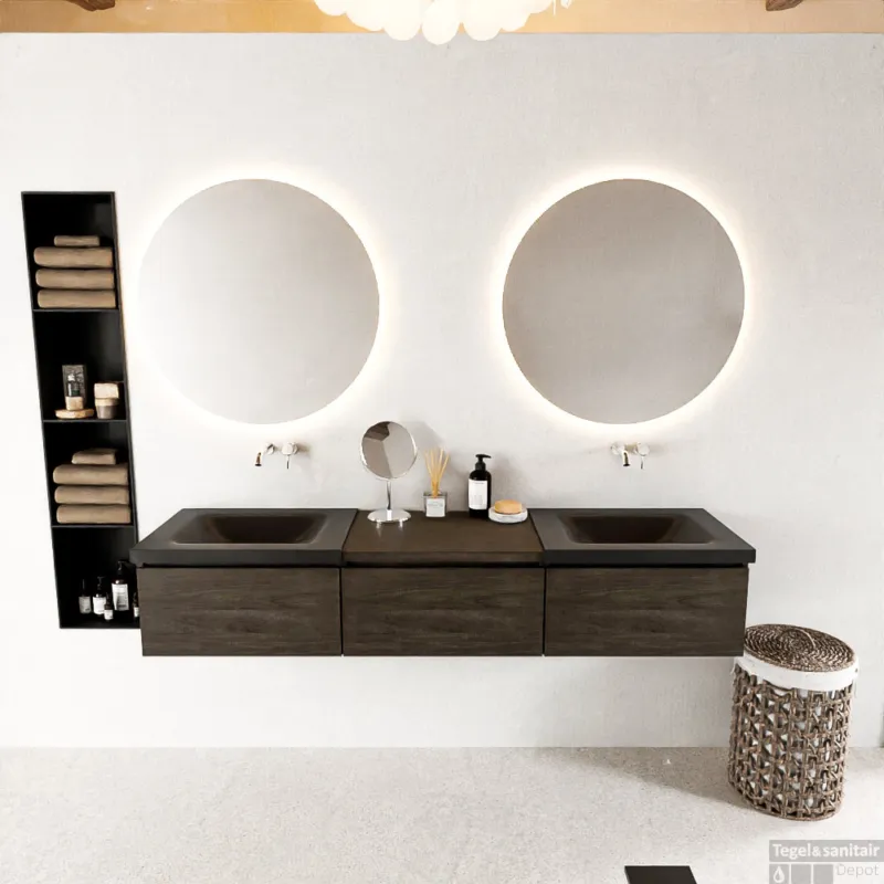 Actieprijs MONDIAZ BUKLA 180cm badmeubel met module 60 kleur Dark Brown met 3 lades. Wastafel CLOUD dubbel 0 kraangaten kleur Urban.