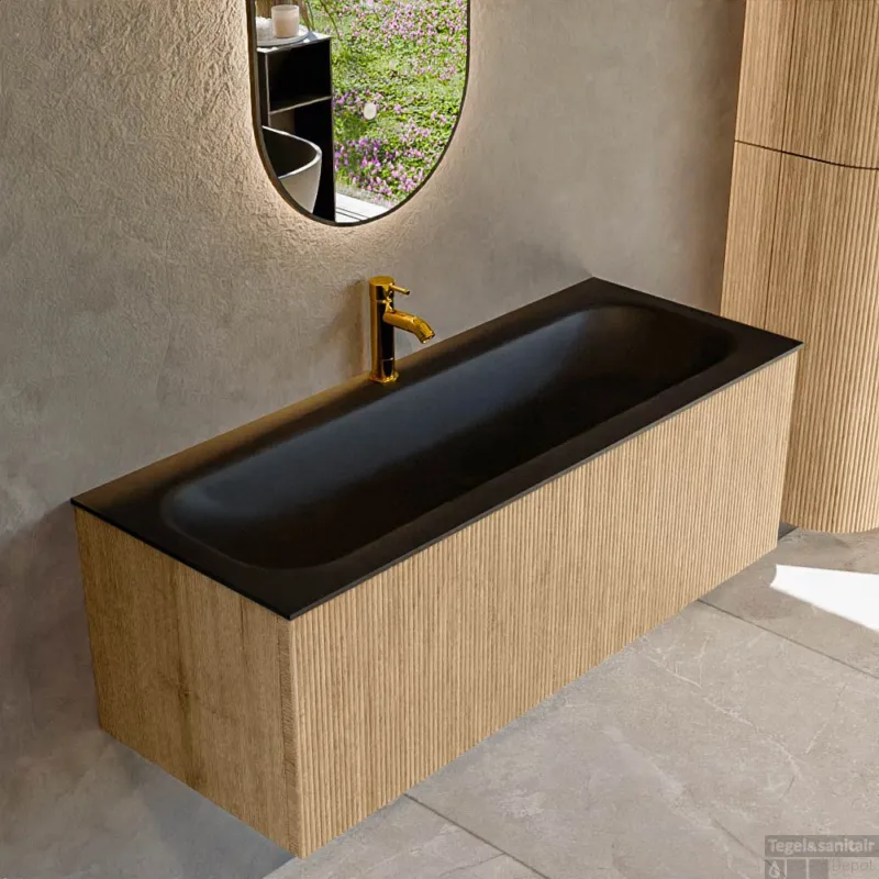 Speciale Aanbieding Mondiaz KURVE 120 cm Onderkast Greeploos 1 Lade Zonder Deuren Oak, Wastafel Solid Surface Volledig Urban 1 Kraangat Zonder Spiegel (KRVBGL1201L0D1KM-Oak/Urb)