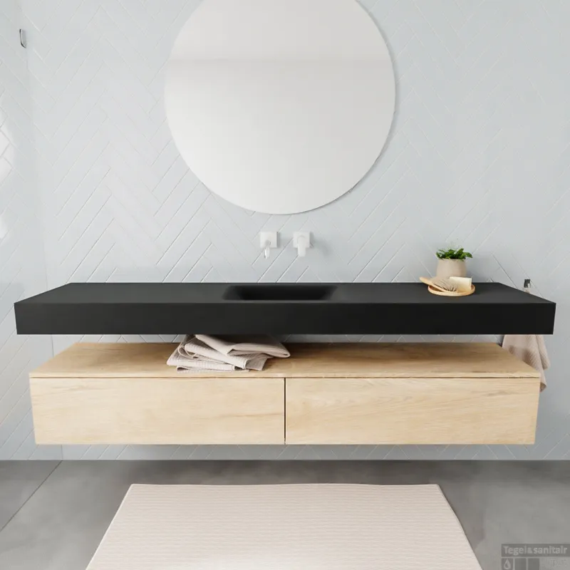 Badkamermeubel BWS Ibiza 200 cm Washed Oak Twee Soft-Close Lades Solid Surface Wastafel Mat Zwart (acht varianten) Superprijs